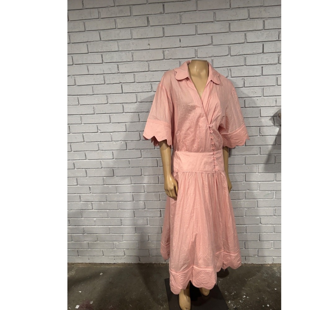 Farm Rio Light Pink Heart Detailed Heart Scalloped Hem Midi Dress | M
